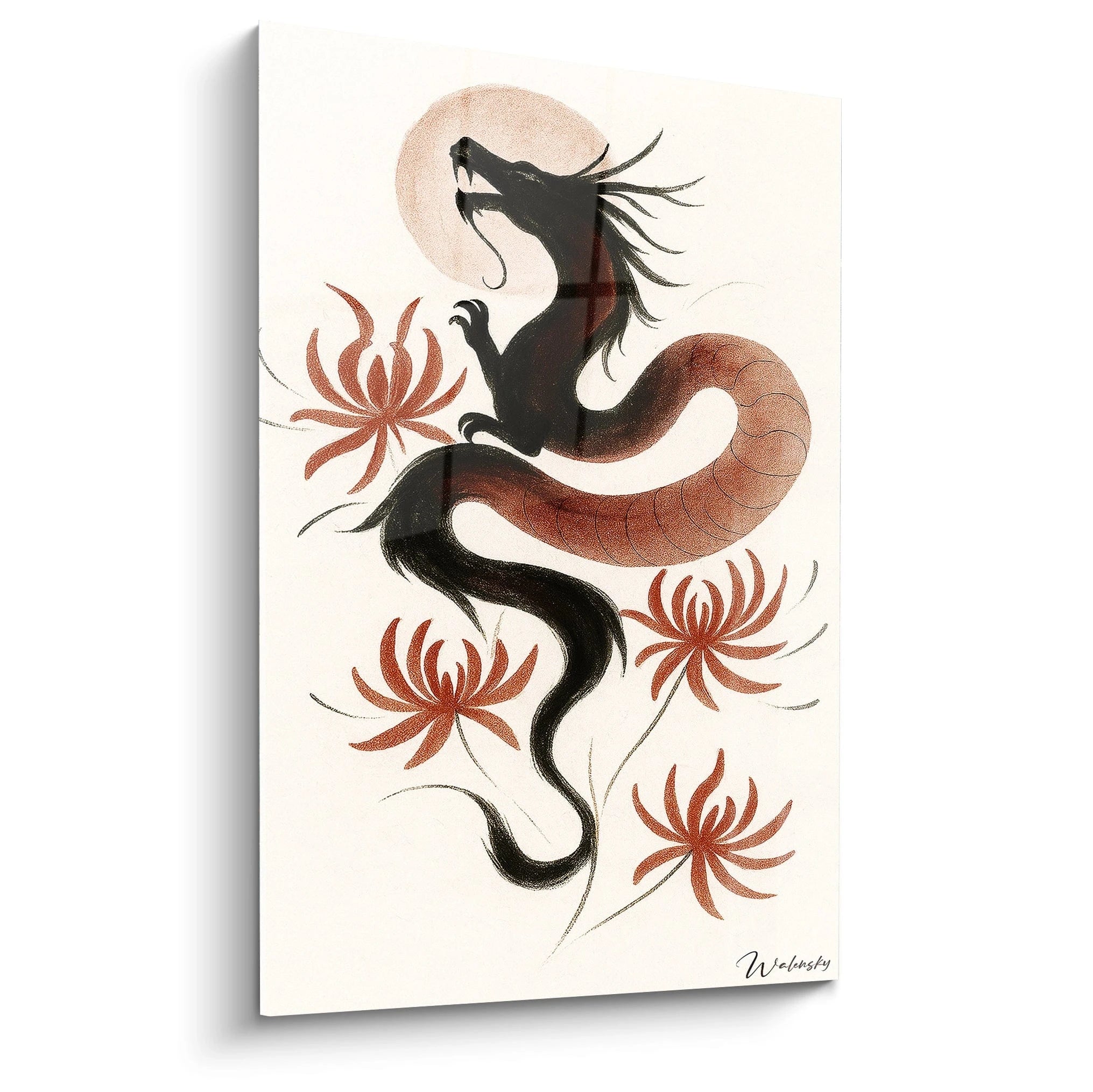 Un tableau dragon chinois représentant un dragon sinueux noir et rouge-brun s'élevant vers un cercle pêche, entouré de fleurs de lotus terracotta sur fond blanc. Lignes fluides et traits expressifs évoquant l'art traditionnel asiatique.
