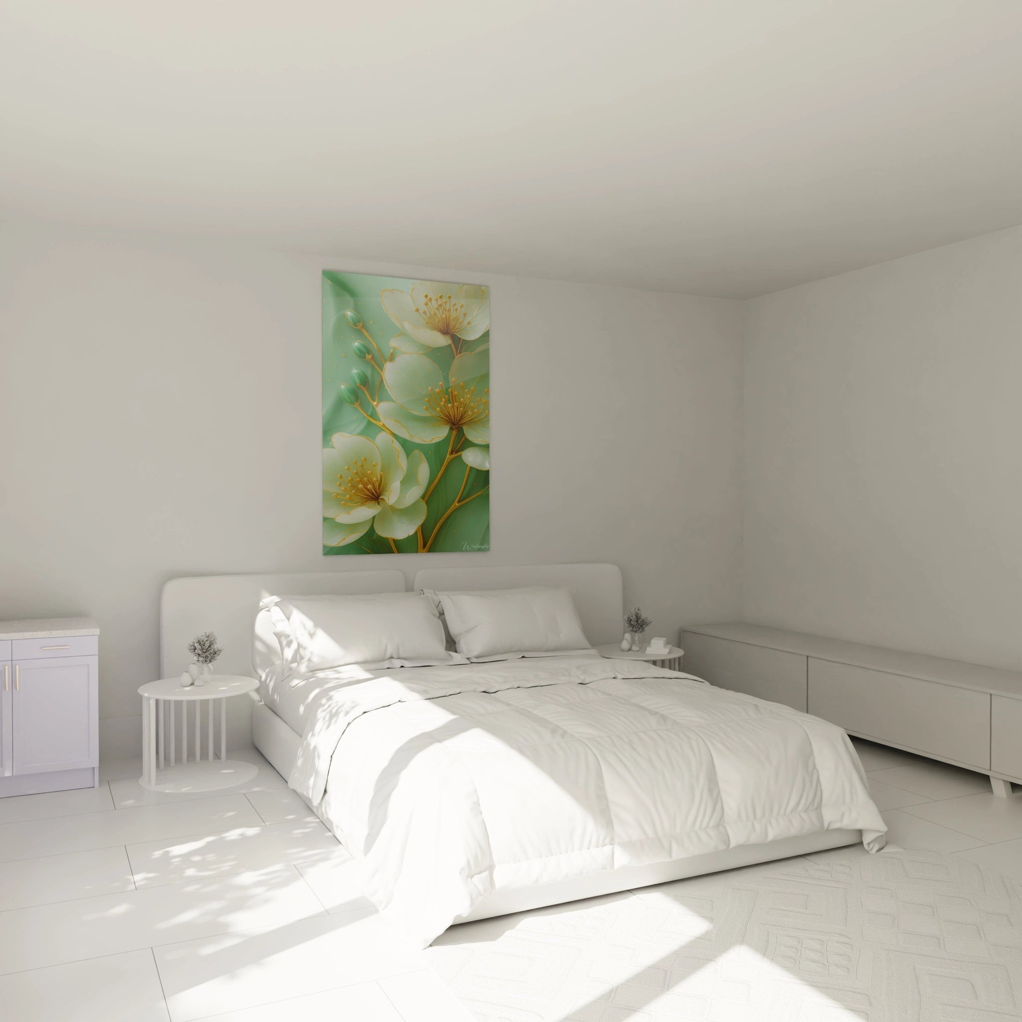 Un tableau fleurs élégantes avec des corolles blanches nacrées aux contours or sur fond vert apaisant. Les tiges dorées supportent des fleurs ouvertes révélant des pistils dorés et des boutons verts luisants, créant un contraste luxueux.
