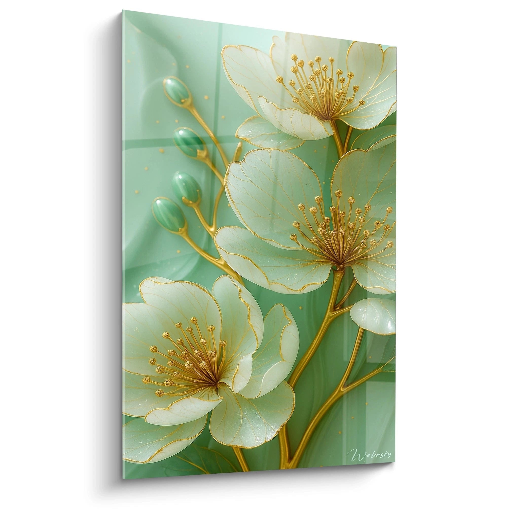 Un tableau fleurs translucides présentant trois fleurs blanches aux bords dorés sur fond vert menthe. Les pétales délicats montrent des nervures dorées, avec des étamines en or au centre et des boutons floraux vert jade sur tiges dorées.
