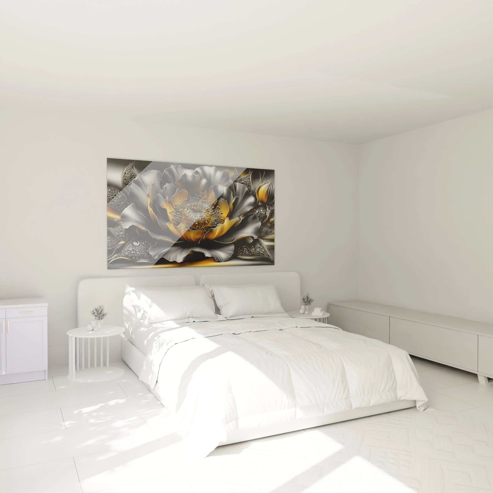 Tableau fleur lotus doré dans chambre moderne - décoration murale élégante ambiance cosy