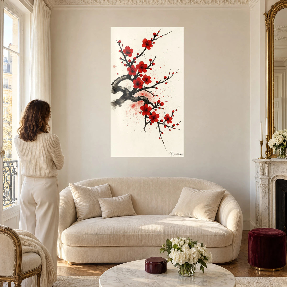 Tableau branche de prunier en fleurs rouge carmin, tronc d'encre noire sur fond crème, au-dessus d'un canapé dans un salon lumineux