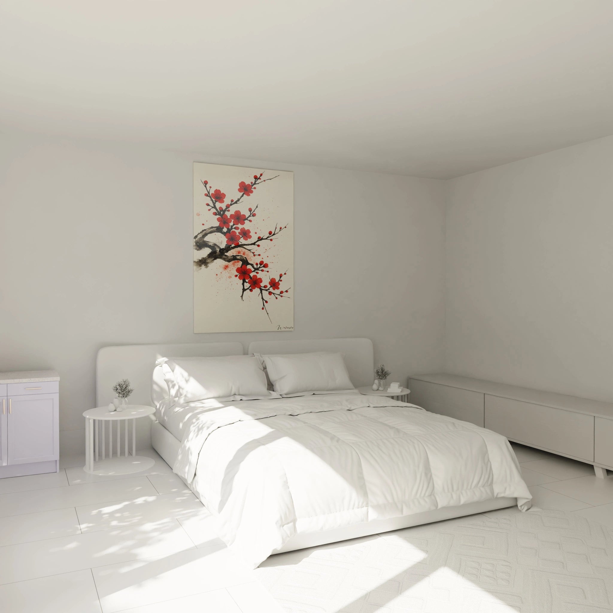 Un tableau japon traditionnel montrant un cerisier en fleur avec des pétales rouge vif, des branches noires calligraphiques et des bourgeons, réalisé à l'encre sur fond beige pâle, où les traits fins et les taches fluides créent un effet aérien.
