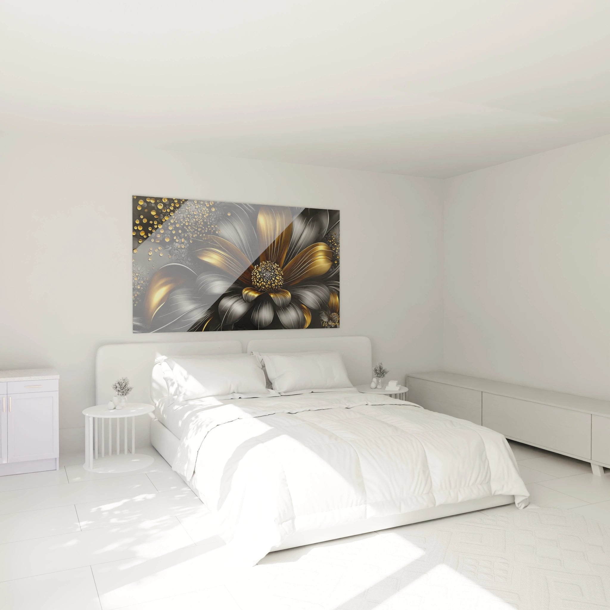 Tableau fleur dorée métallique décorant élégamment une chambre moderne aux tons neutres
