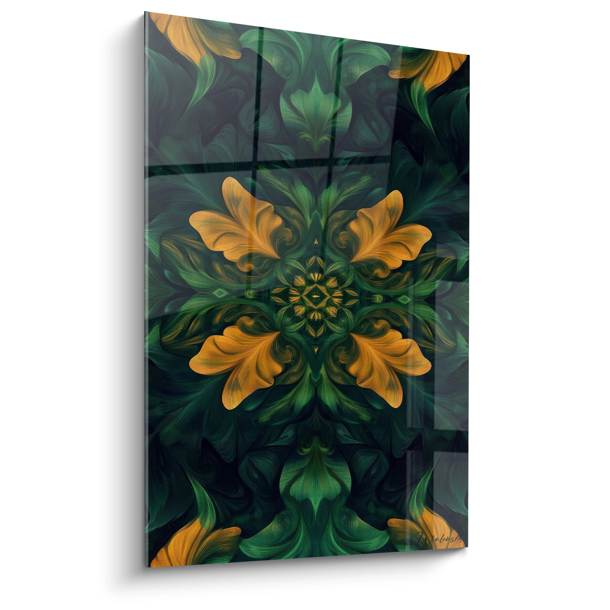 Tableau mural fleur fractale dorée avec motifs symétriques vert et or