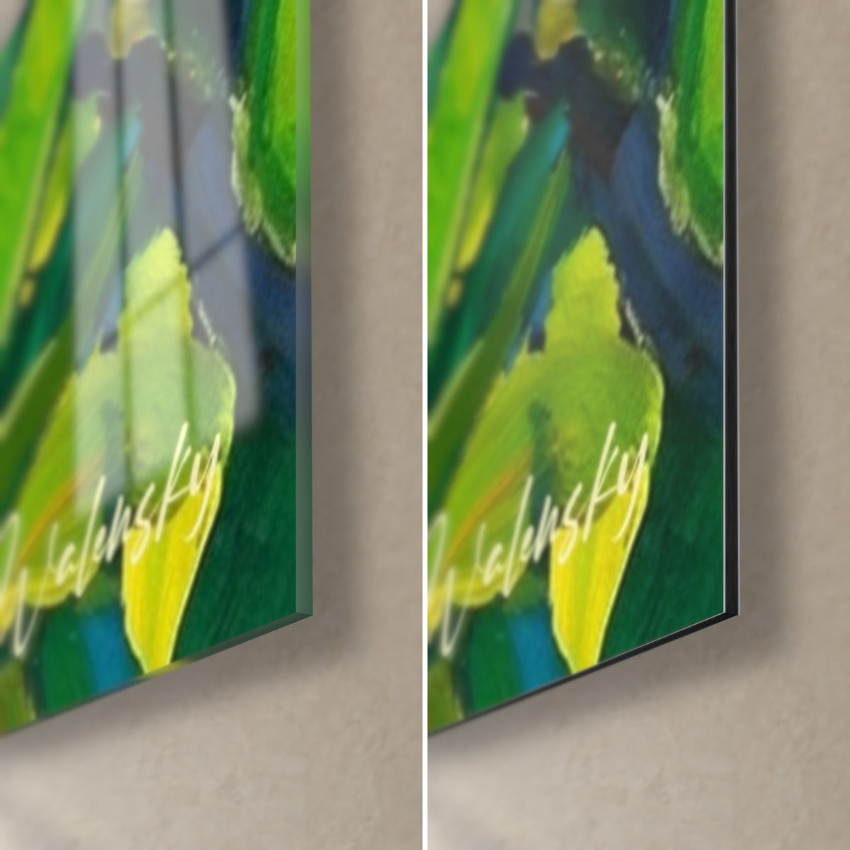 Tableau frangipanier en peinture épaisse vert olive et jaune, coin bas droit : verre brillant à gauche, Dibond mat à droite, tranche fine
