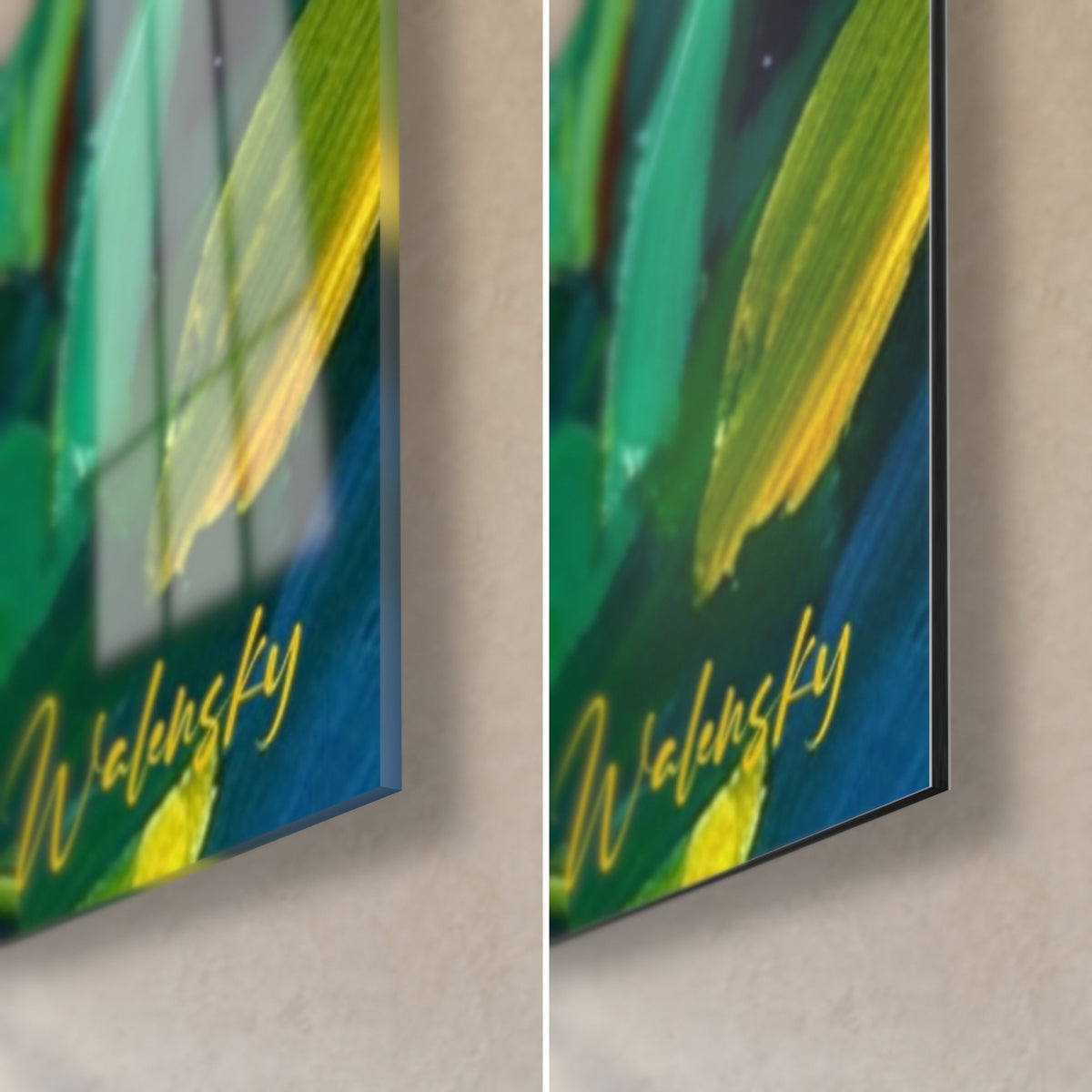 Quadro fogliame tropicale verde e giallo, angolo in basso a destra: vetro lucido con riflessi, alluminio Dibond opaco blu intenso e bordo di 3 mm