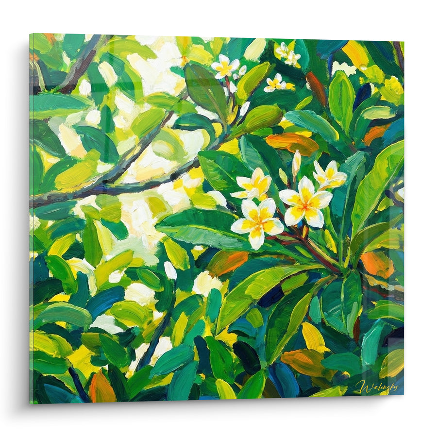 Tableau Frangipanier vert et jaune sous le feuillage - Éveil tropical - Edition Fleur