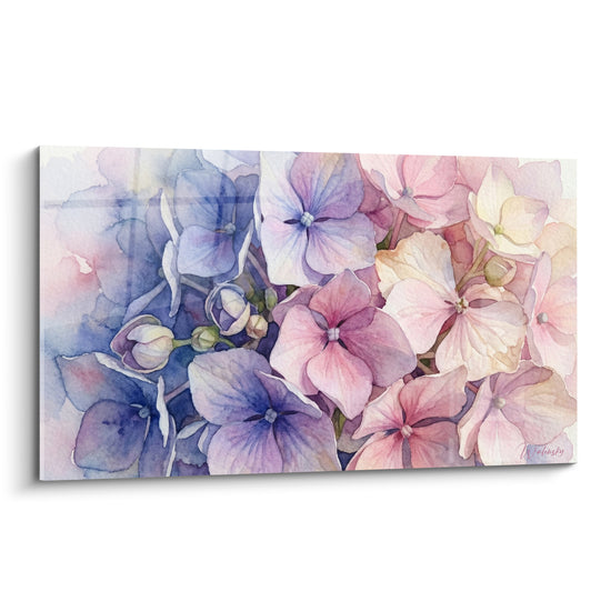 Tableau Hortensias bleus et roses en aquarelle - Bouquet de rosée - Edition Fleur