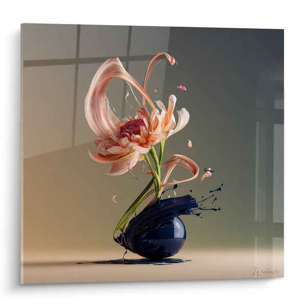 Tabel Bloem Lelie Roze en Blauwe Vaas Spattend - Florale Elegantie - Editie Ikebana
