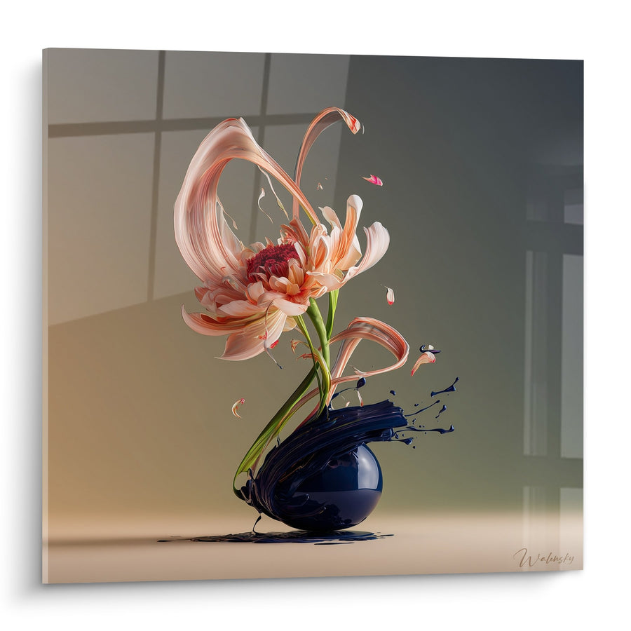 Tableau Fleur de Lys Rose et Vase Bleu Éclaboussant - Élégance Florale - Edition Ikebana