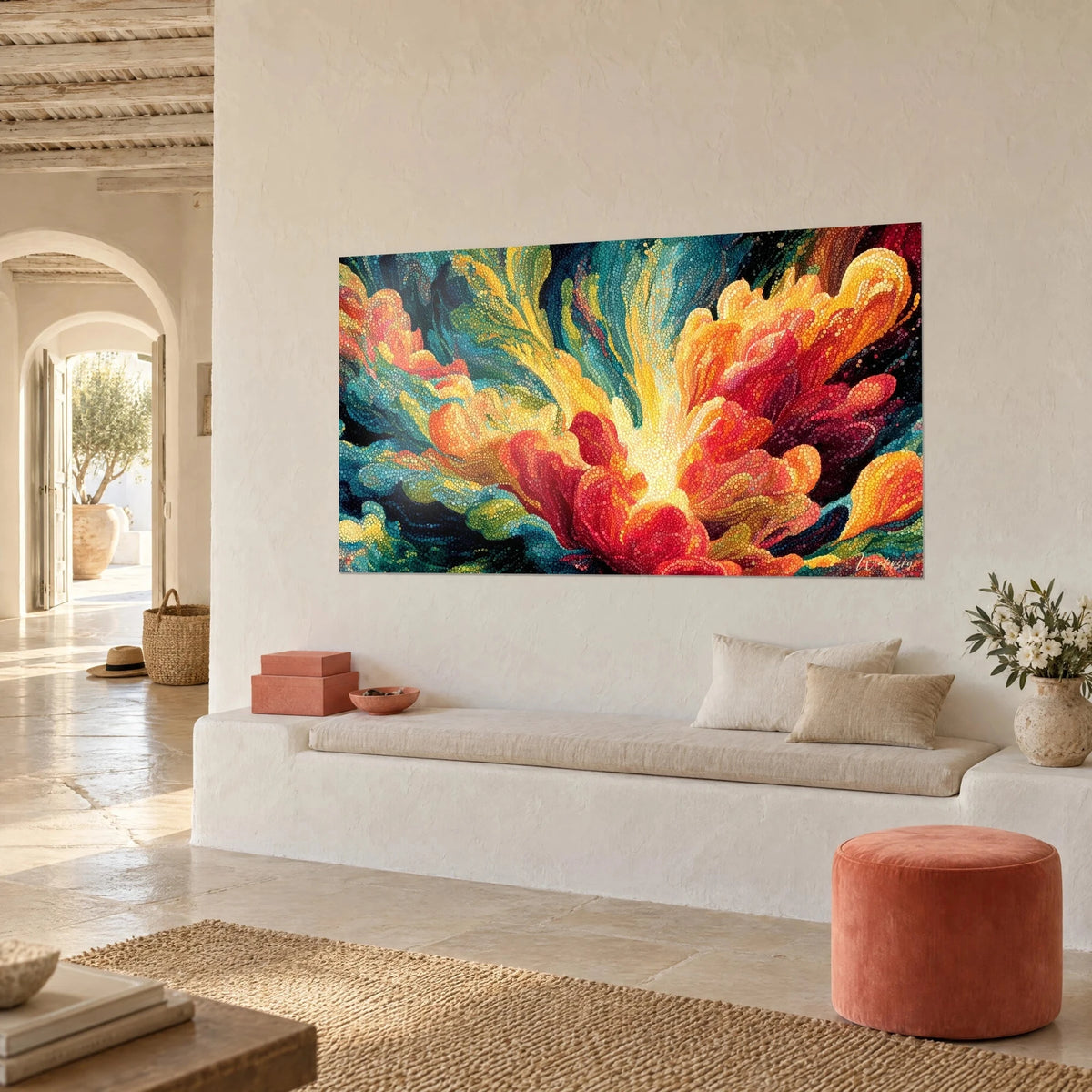 Tableau pétales ardents corail et orange jaillissant d'un cœur doré, sur un mur blanc avec banquette en pierre