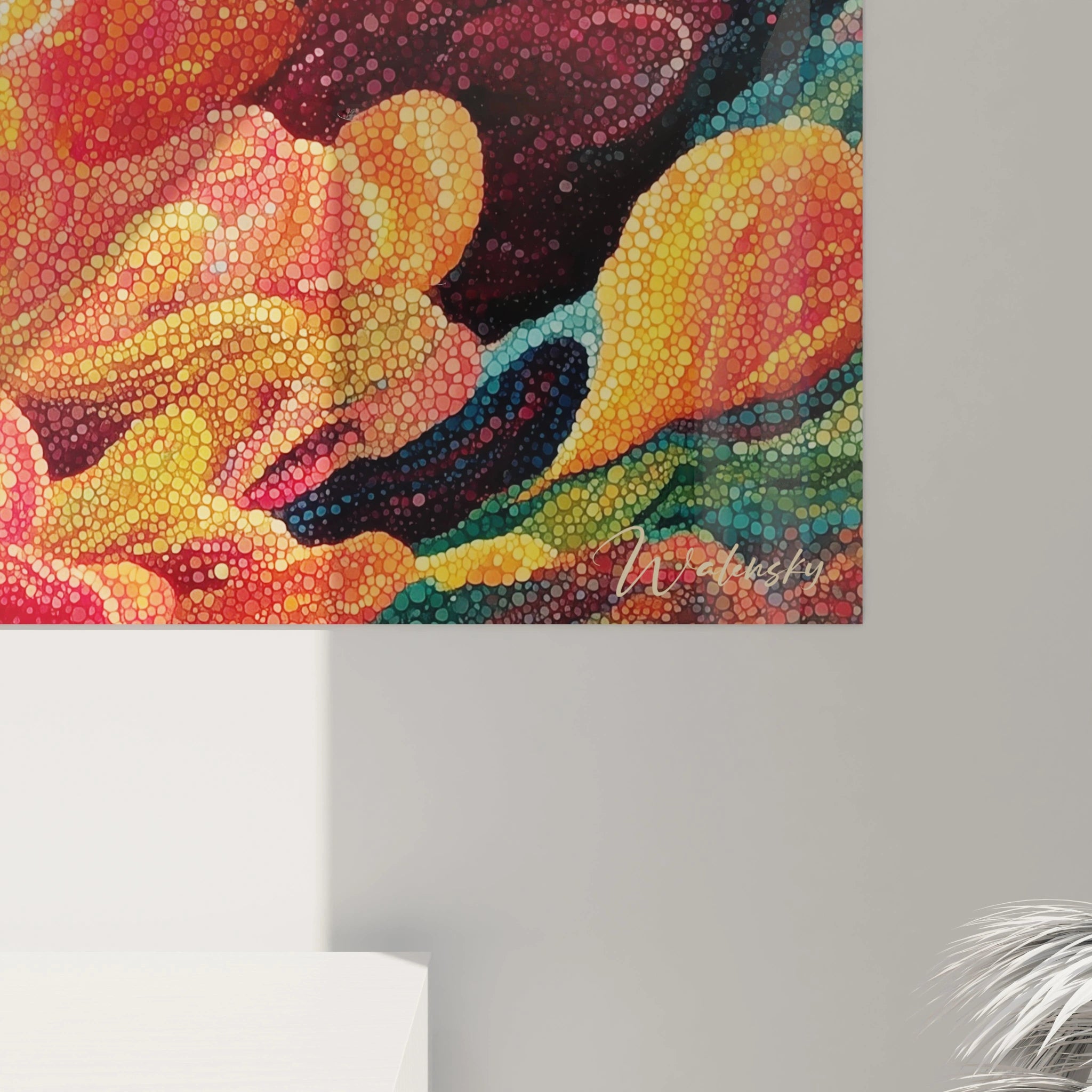Tableau pointillisme fleur Walensky peinture murale colorée en gros points jaunes rouges et bleus pour décoration intérieure