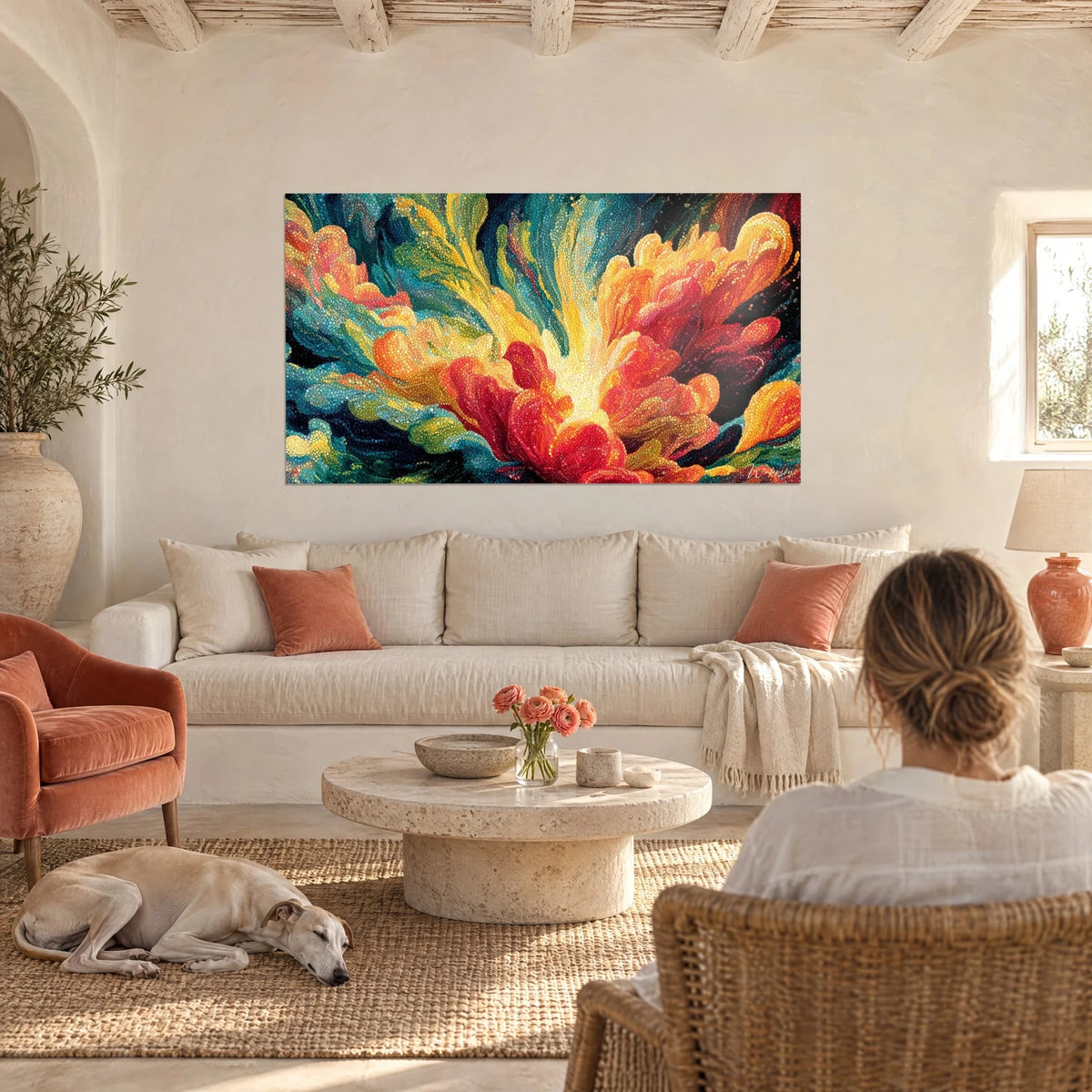 Tableau éclosion florale en pointillé rouge et jaune sur fond turquoise, au-dessus d'un canapé dans un salon lumineux