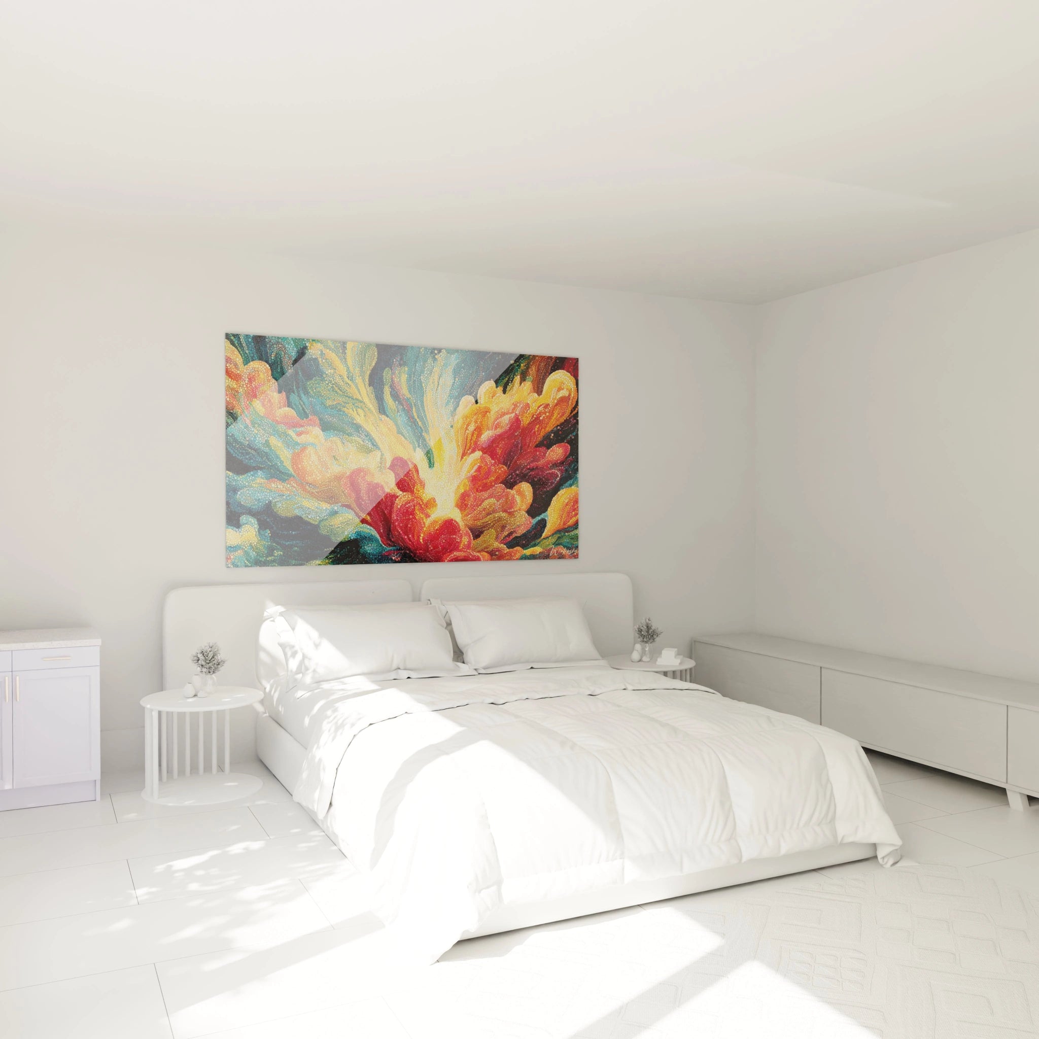 tableau pointillisme fleur Walensky grand tableau mural floral coloré accroché au dessus d un lit blanc minimaliste