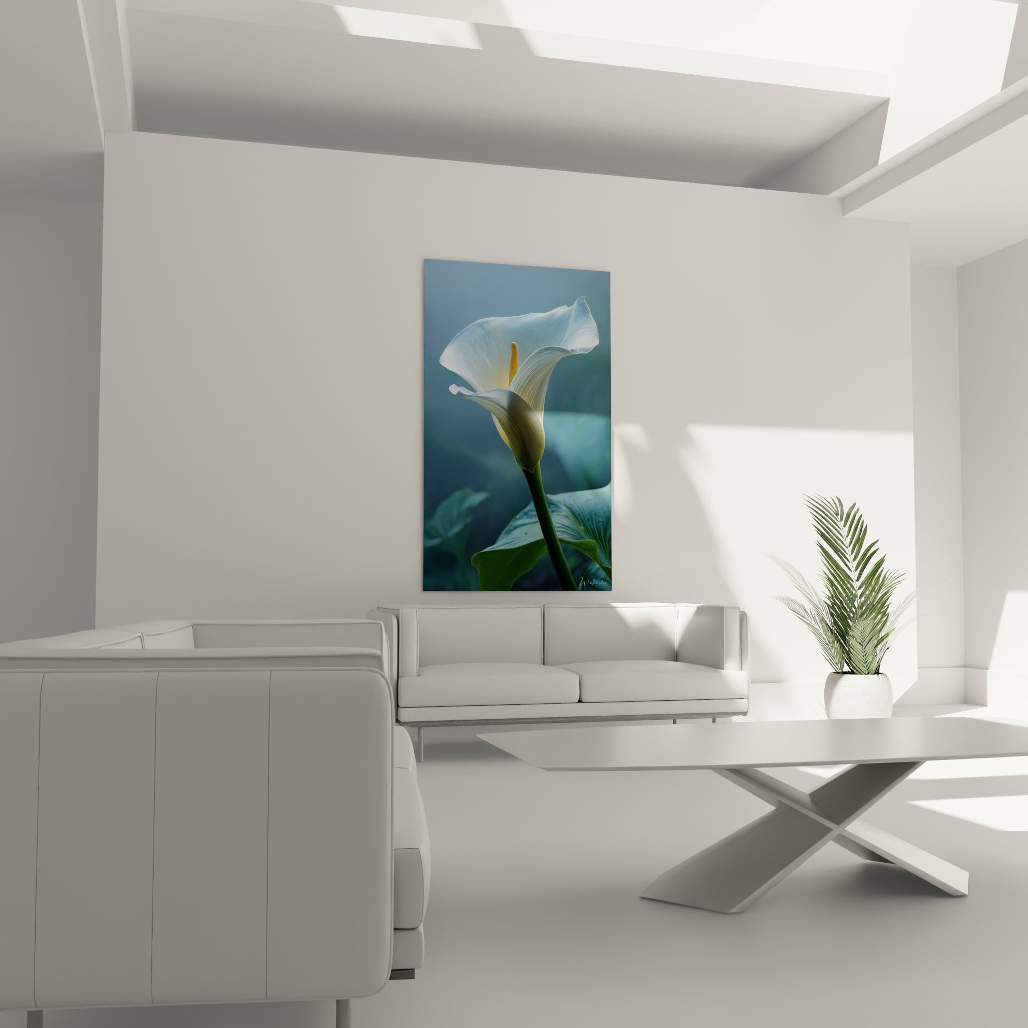 Pétale d'arum blanc immaculé et tige verte accrochés au-dessus d'un canapé dans un salon lumineux
