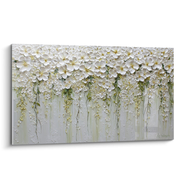 Tableau Fleurs blanches et vertes en cascade texturée - Cascade printanière - Edition fleur nature