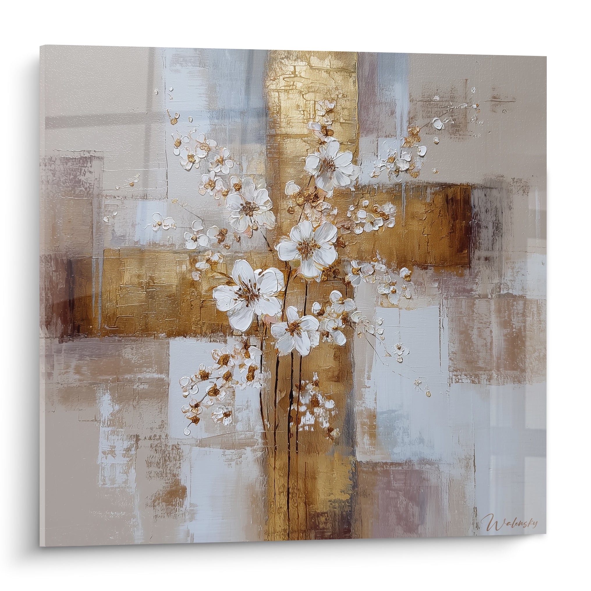 Fleur nature blanche sur fond doré et taupe, branche délicate en relief texturé