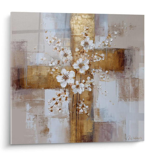 Tableau Fleurs de cerisier blanches et dorées sur croisillon - Branches en éventail - Edition fleur nature