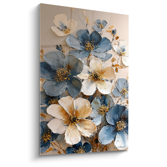 Tableau Anémones bleu ardoise et blanc aux pétales texturés - Étamines jaunes en relief - Edition fleur nature