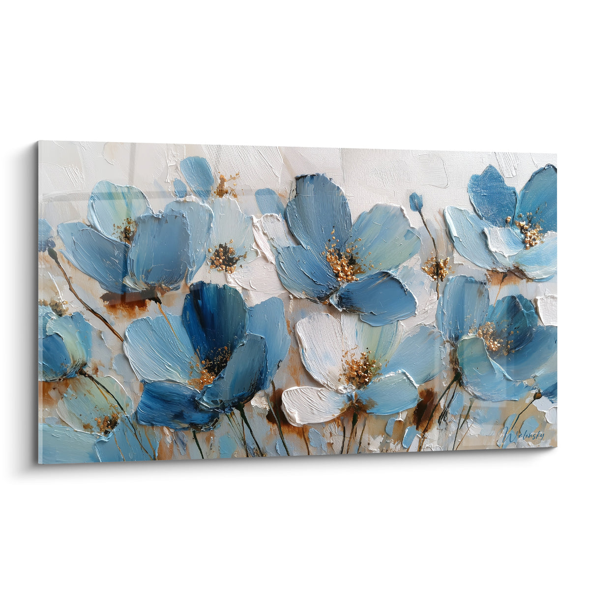 Fleurs bleues et blanches aux cœurs dorés, texture épaisse peinte au couteau sur fond clair