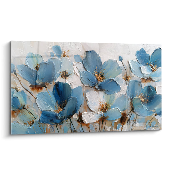 Quadri Anemoni blu polvere e bianco con steli aggraziati - Impasti testurizzati a coltello - Edizione fiore natura