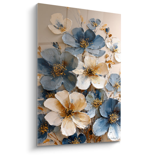 Tableau Anémones bleu ardoise et crème aux étamines dorées éclatées - Feuillage doré filiforme - Edition fleur nature