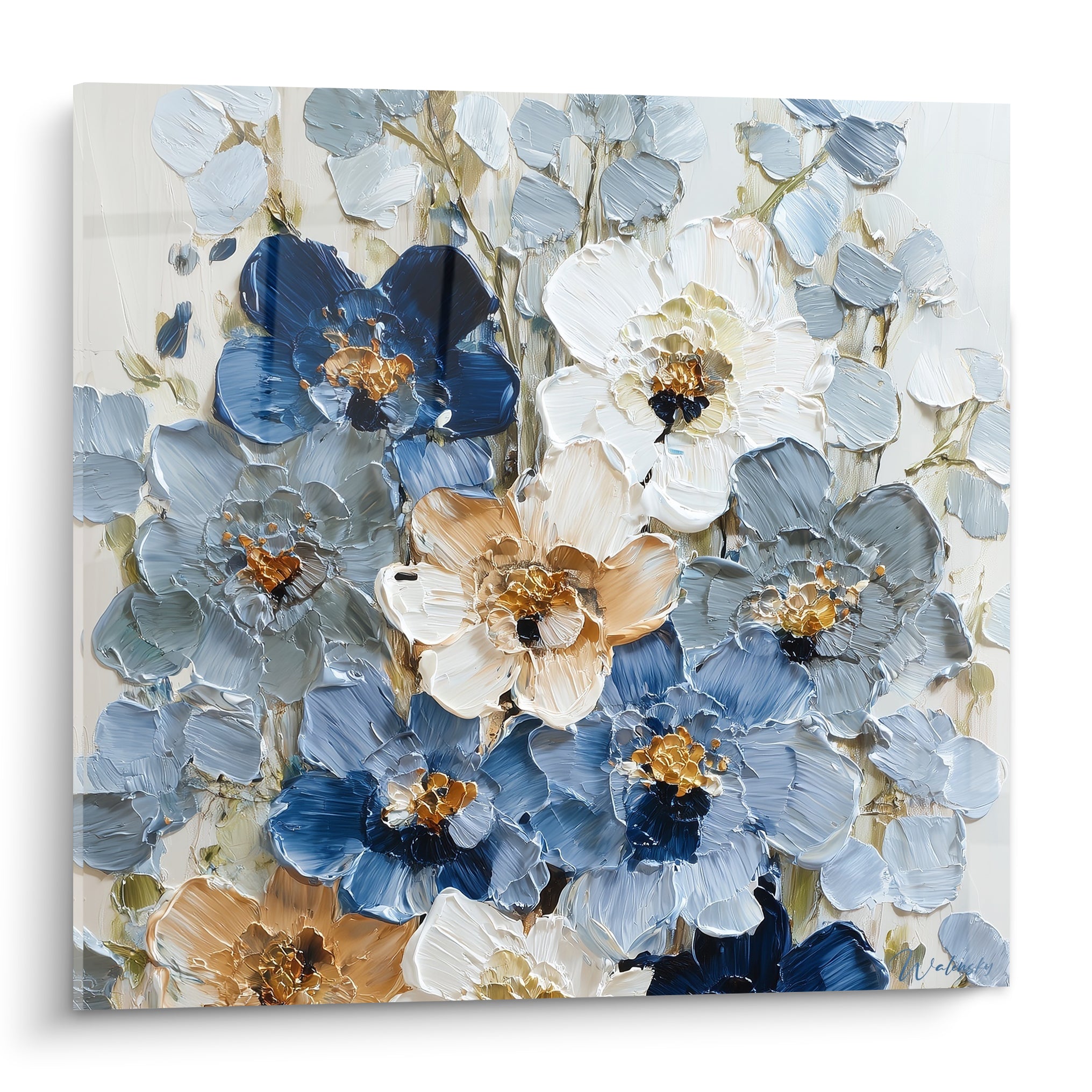 Bouquet de fleurs bleu marine et blanches en relief, pétales sculptés au couteau, cœurs dorés lumineux