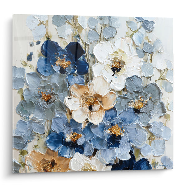 Tableau Anémones bleu poudré et blanches en bouquet dense - Cœurs dorés texturés - Edition fleur nature