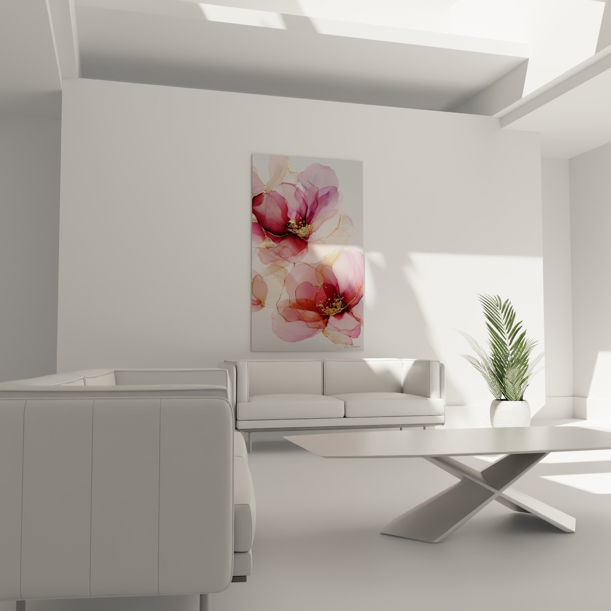 Fleurs fuchsia et bordeaux aux touches d'or, au-dessus d'un canapé dans un salon lumineux