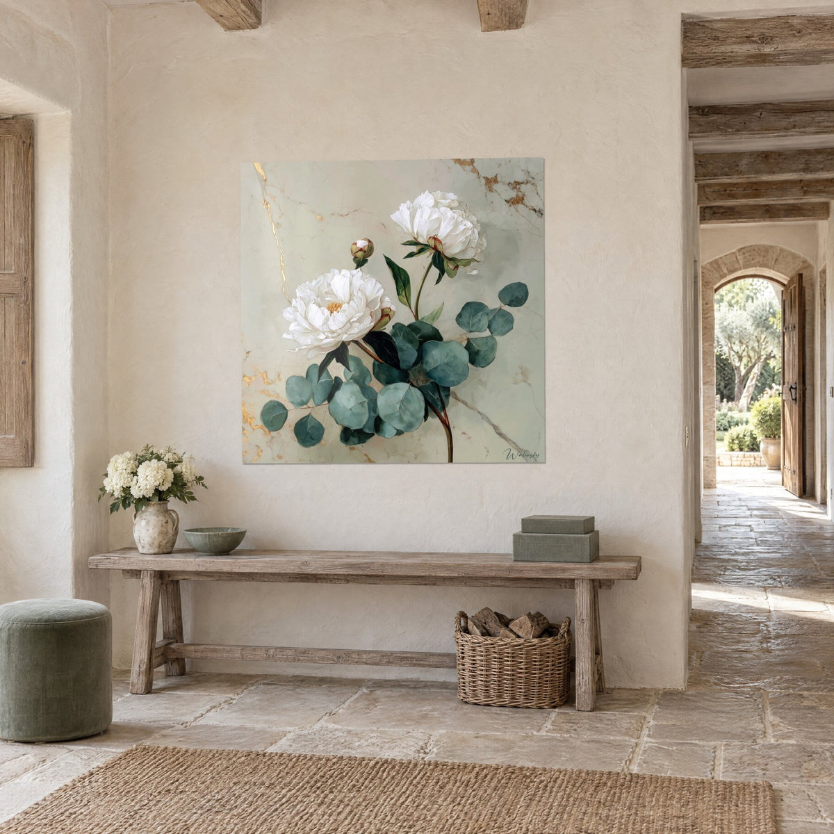 Wall art bouquet of ivory peonies, blue-green eucalyptus leaves, gold veins on sage background, light stone hallway