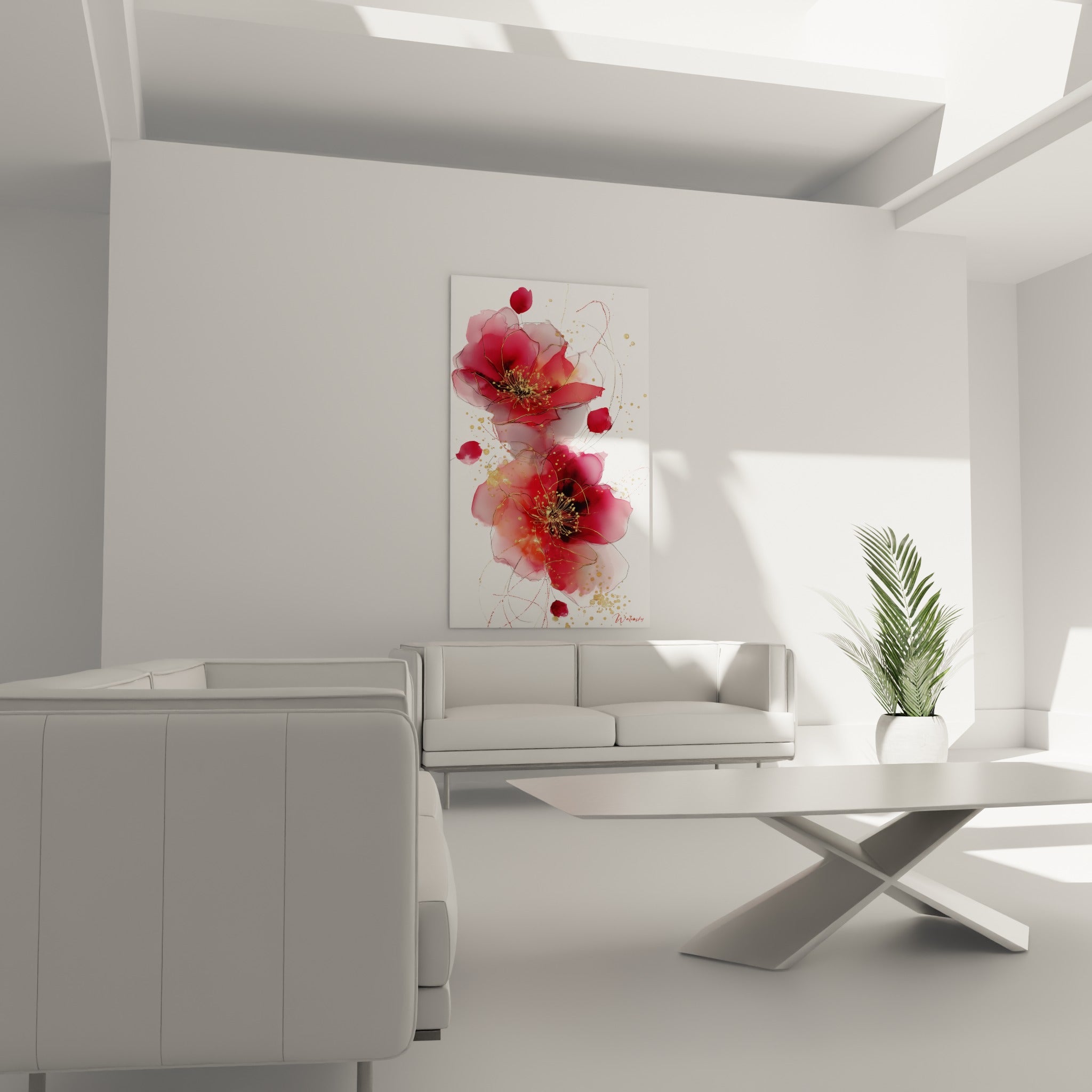 Bouquet de pavots bordeaux et pétales roses suspendu au-dessus d'un canapé dans un salon lumineux