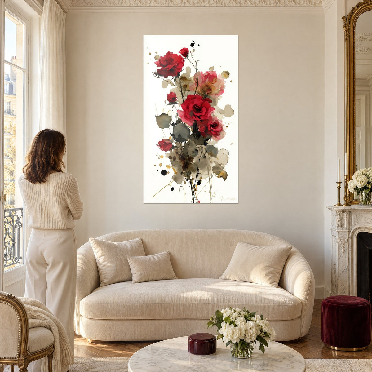 Wall art Watercolor bouquet of carmine roses, ochre and gold splashes, woman seen from behind above a sofa in a bright living room
