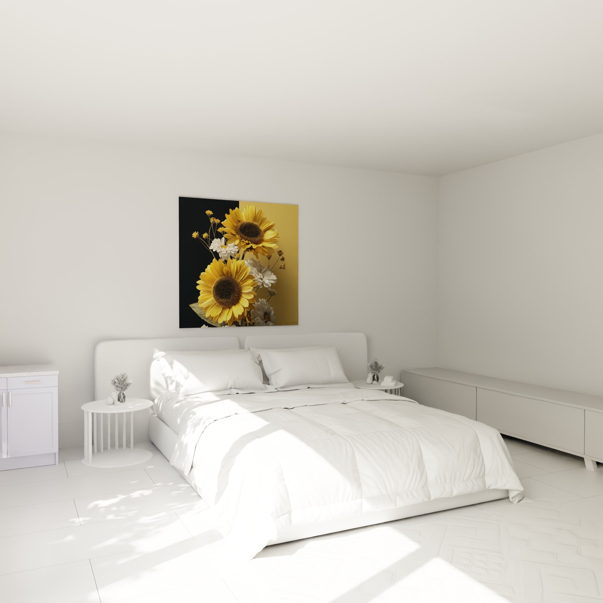 Bouquet doré de tournesols et marguerites blanches accroché au-dessus d'un lit dans une chambre claire