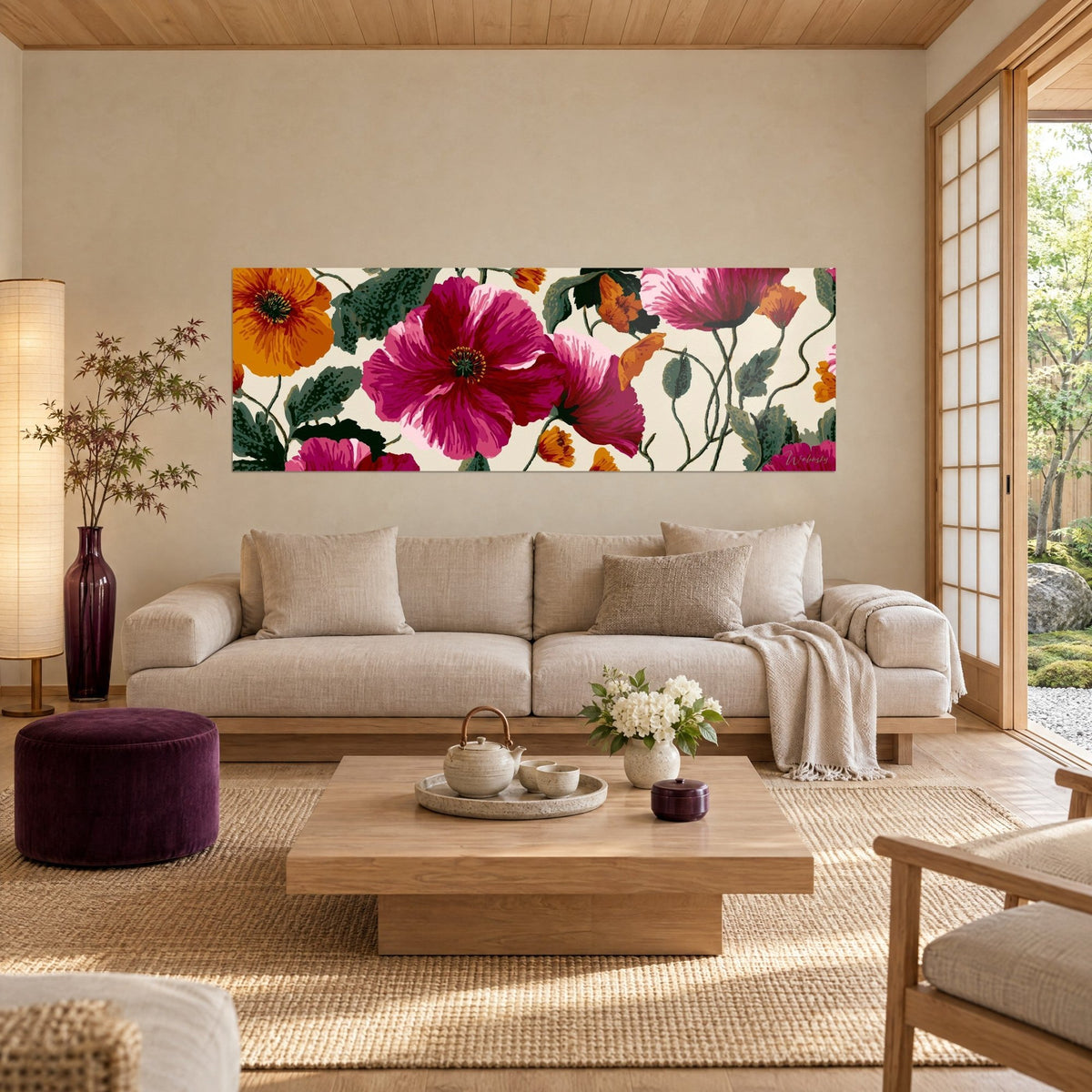 Wall art magenta poppies with pink-striped petals, orange flowers and dark green leaves, above a sofa in a bright living room