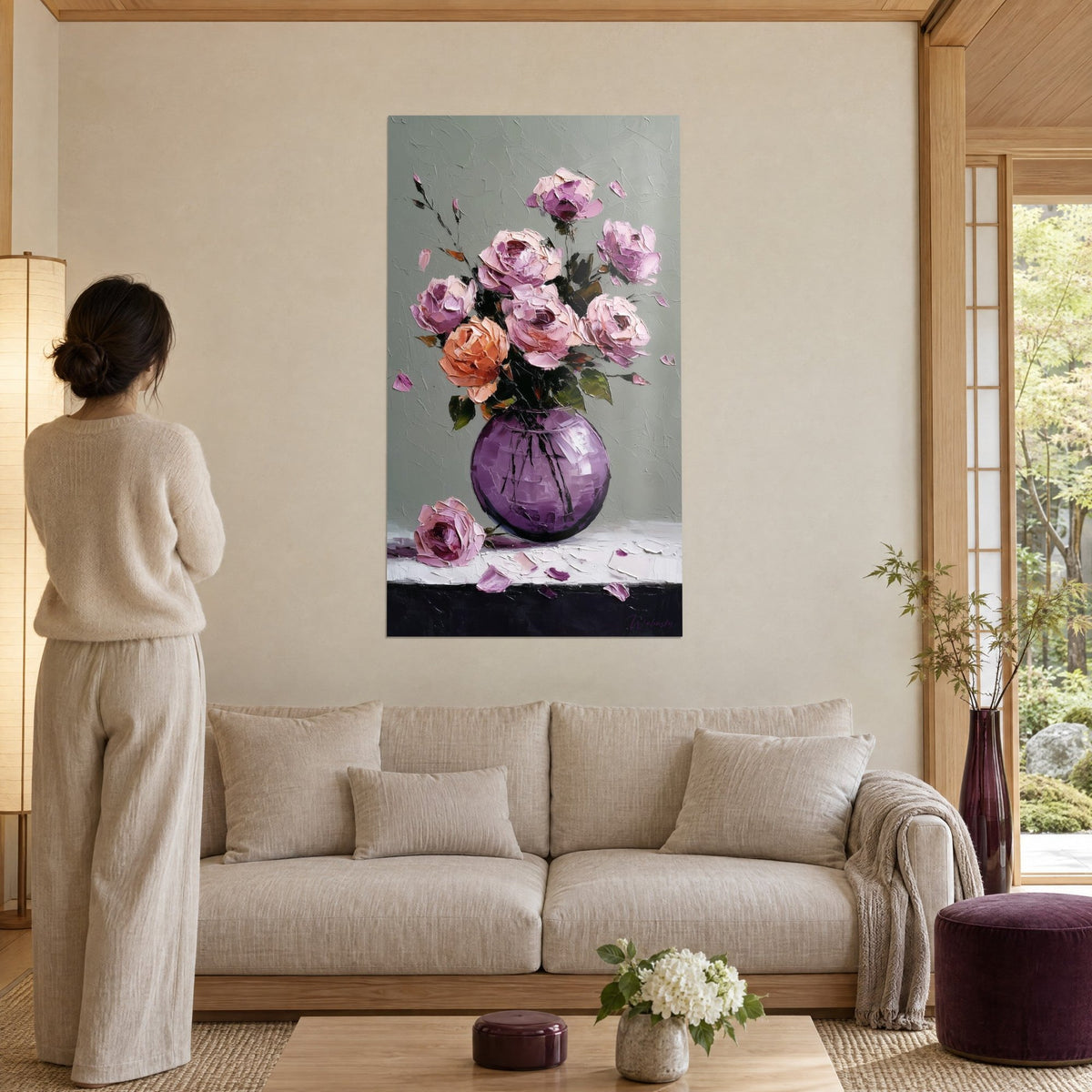 Wall art Bouquet of powdery pink roses in thick impasto, round violet vase, sage green background, above a sofa in a bright living room