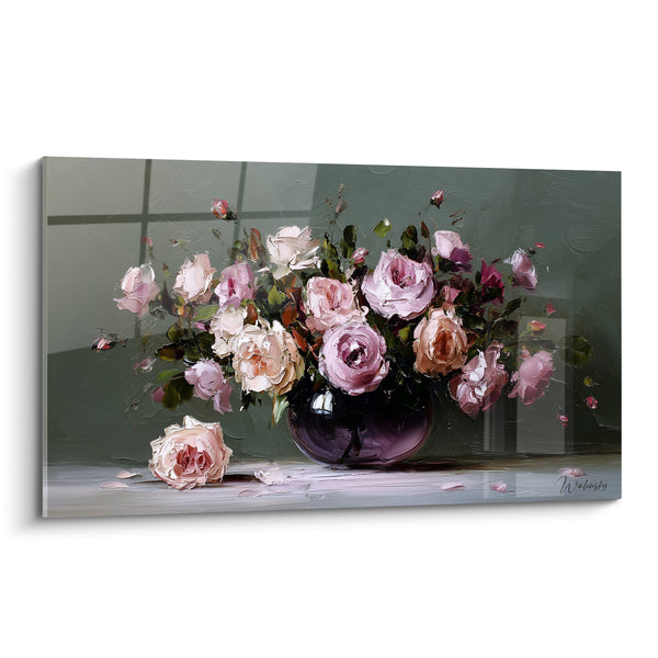 Tableau Bouquet de roses roses et vert sauge - Douceur matinale - Edition fleur nature
