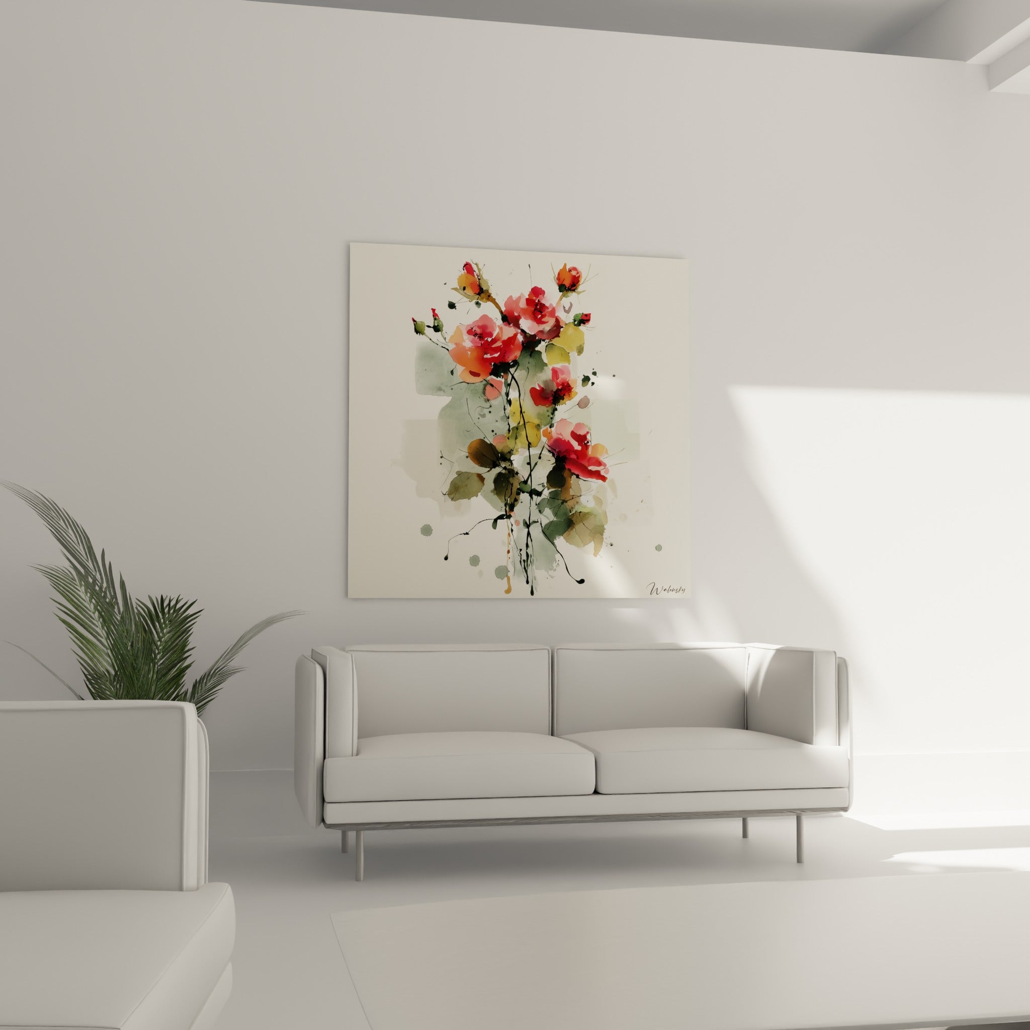 Fleurs rouges et vert sauge aux coulures d'encre noire, au-dessus d'un canapé dans un salon lumineux