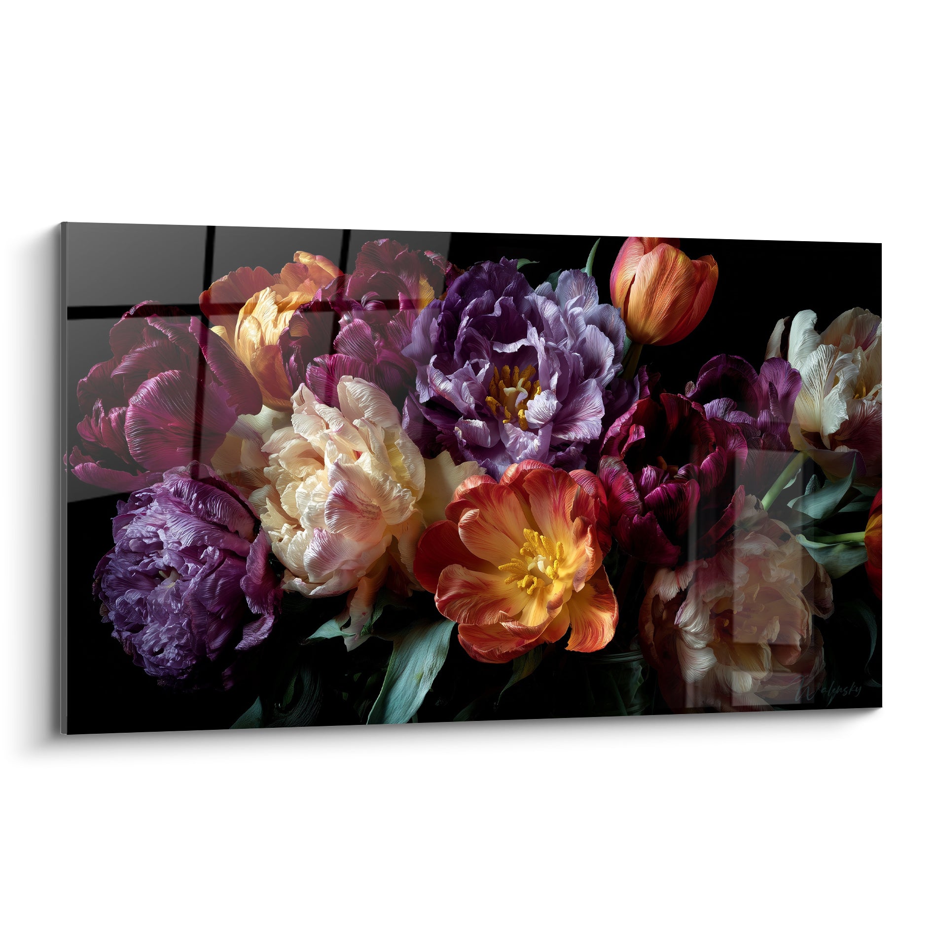 Bouquet fleur nature aux pétales violets, orangés et crème sur fond noir profond