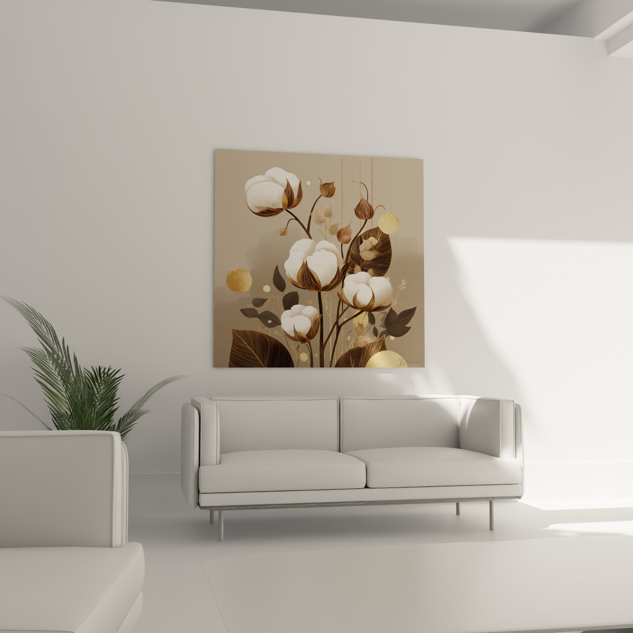 Branche de coton doré et beige orne le mur au-dessus d'un canapé dans un salon lumineux