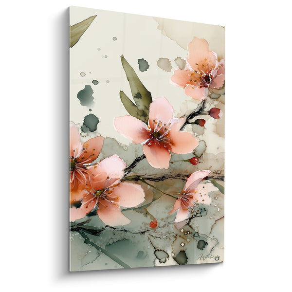 Tableau Fleurs de cerisier rose et vert aux éclaboussures d'encre - Branche noire effilée - Edition fleur nature