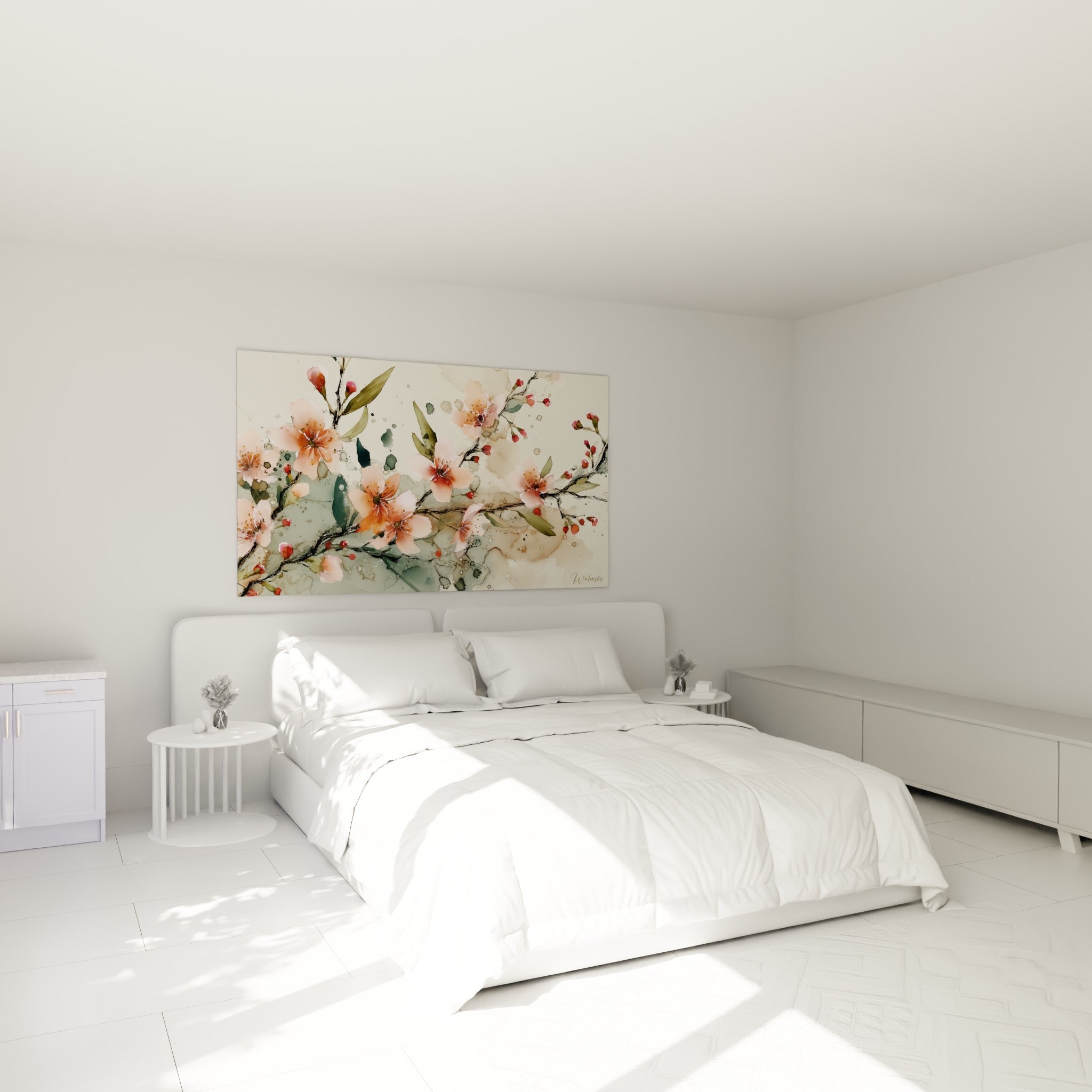 Branche fleurie rose et corail au-dessus d'un lit dans une chambre claire