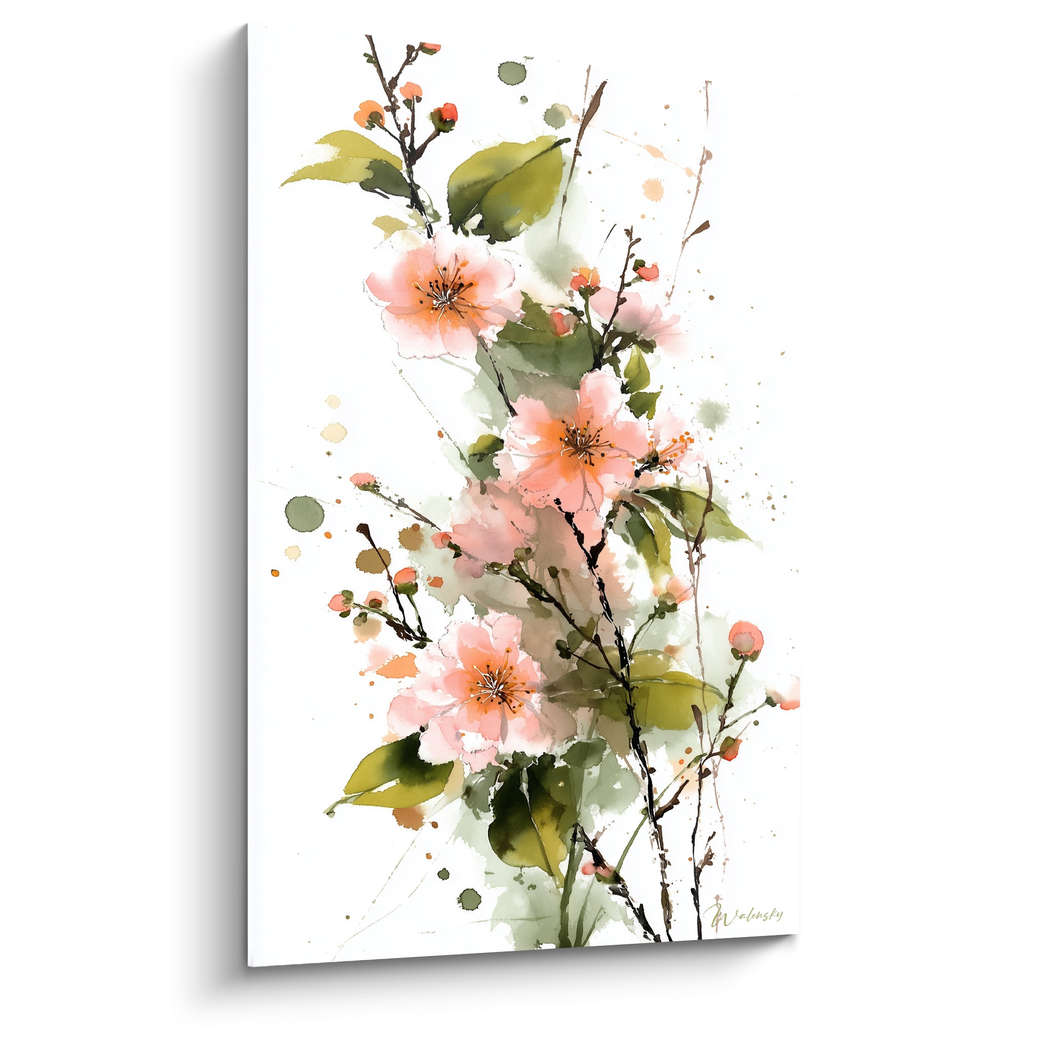 Branche fleurie rose saumon et vert olive peinte en aquarelle sur fond blanc épuré