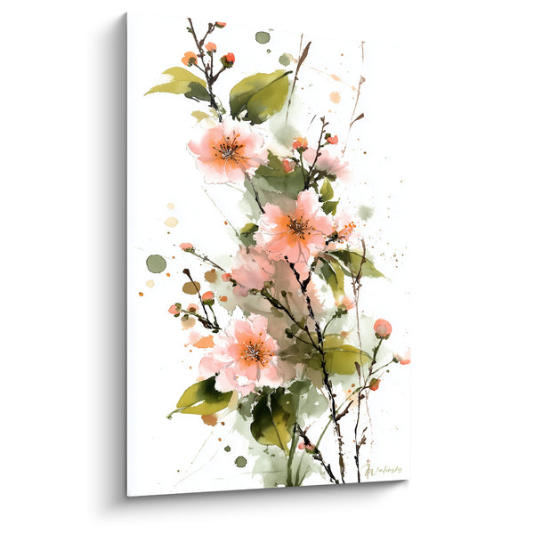 Tableau Fleurs de cerisier rose et vert éclaboussées d'aquarelle - Rameau vertical fleuri - Edition fleur nature
