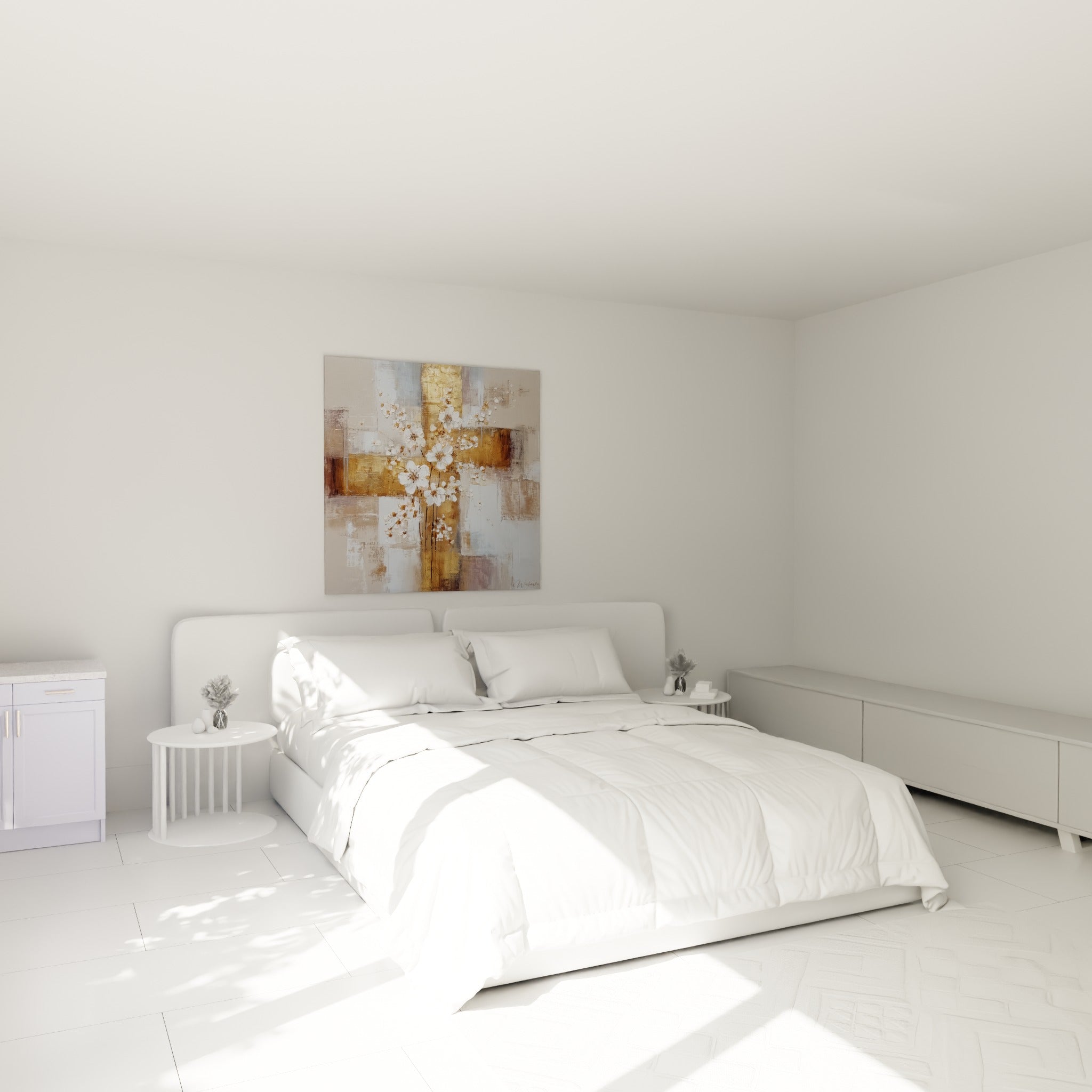 Branche fleurie blanche et dorée composant ce tableau fleur nature, au-dessus d'un lit dans une chambre claire