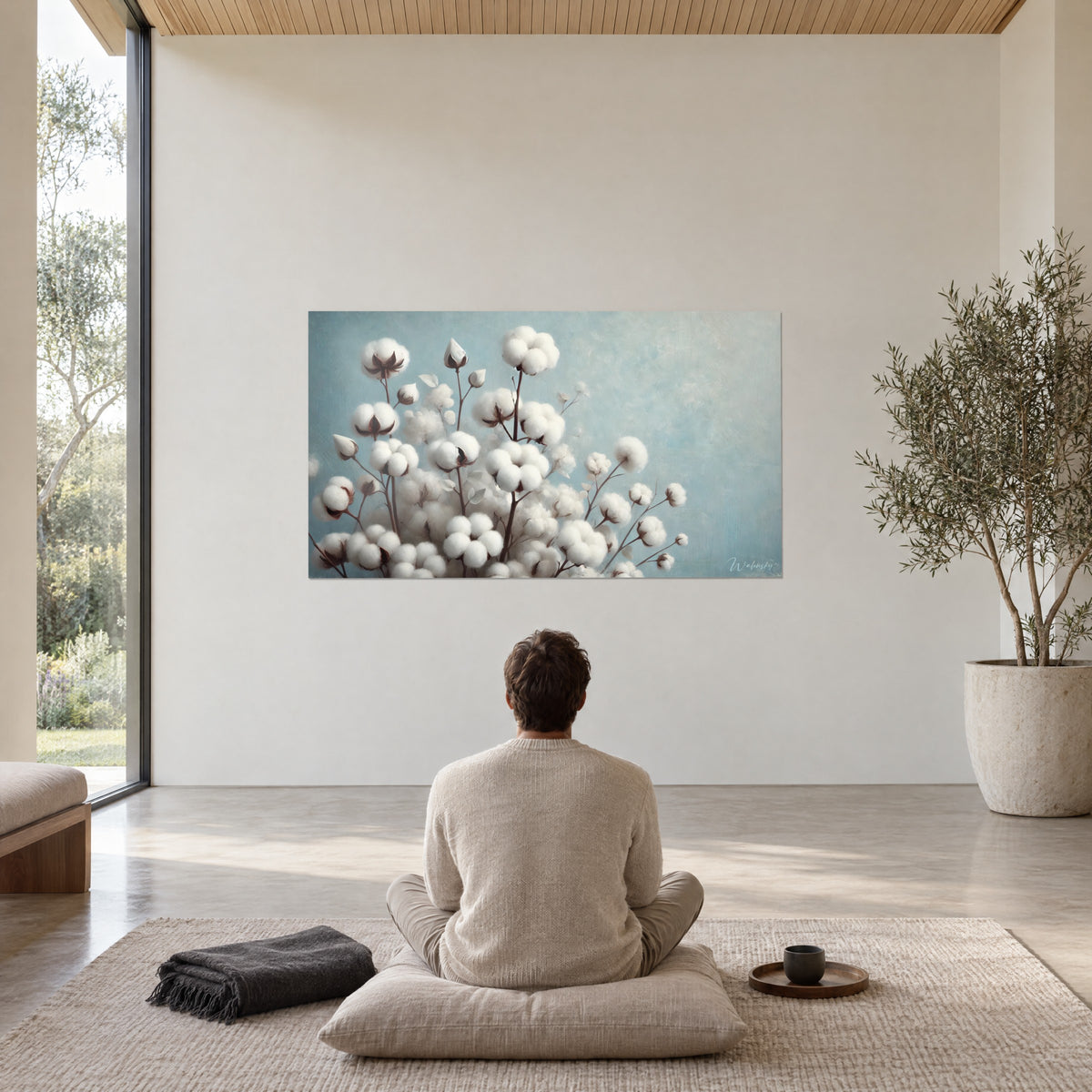 Cuadro cápsulas de algodón blancas y hojas plateadas sobre fondo azul pastel, persona sentada de espaldas en un cojín, habitación beige luminosa