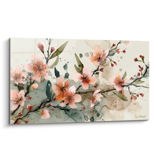 Fleurs de cerisier rose poudré et vert sauge en aquarelle sur fond ivoire délicat