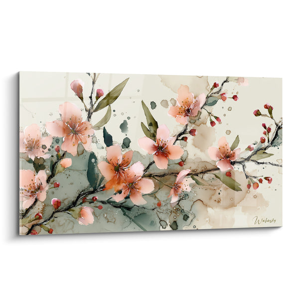 Tableau Fleurs de cerisier rose et vert aux éclaboussures d'aquarelle - Boutons rouges sur ramure - Edition fleur nature