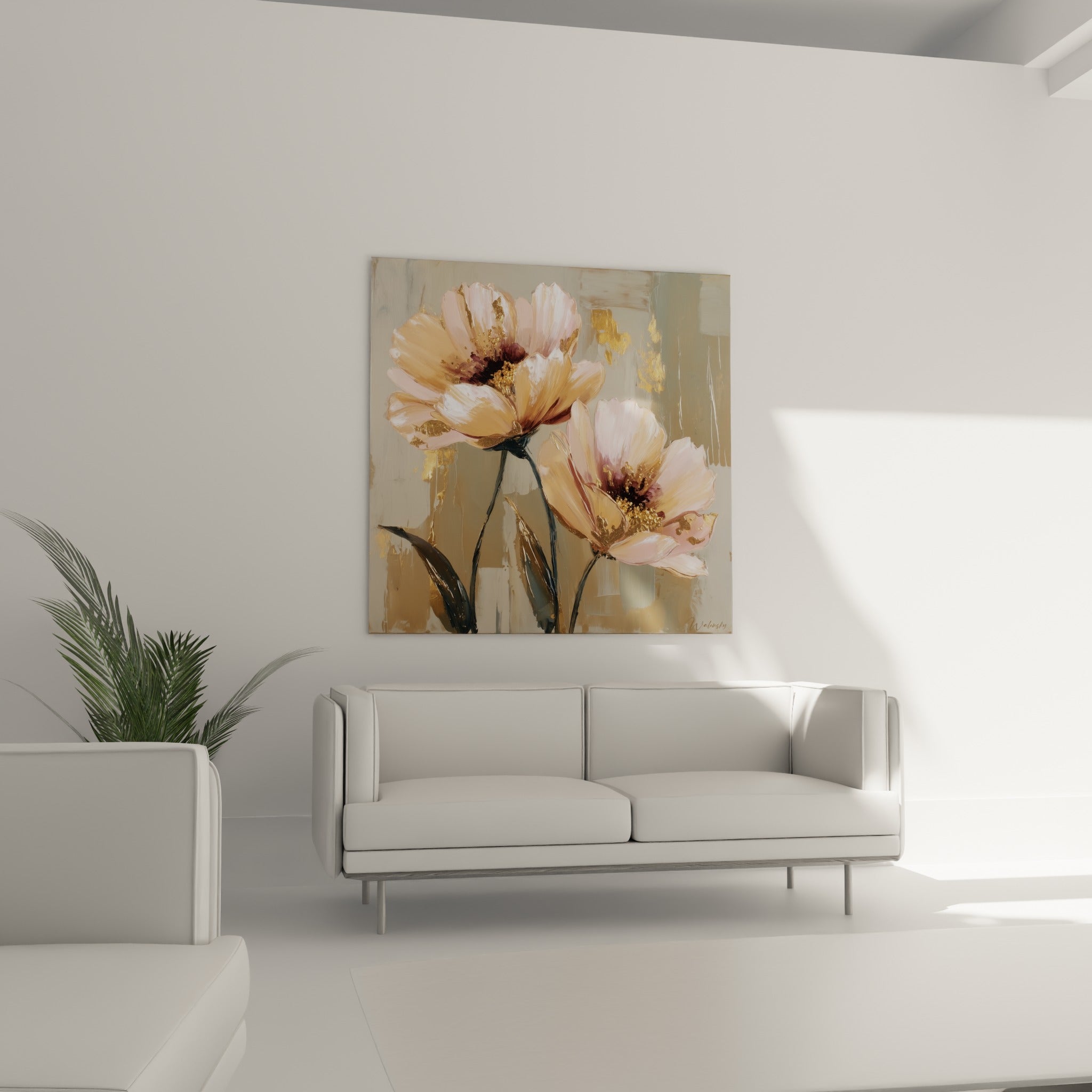 Corolles rose pâle et éclats d'or déployées au-dessus d'un canapé dans un salon lumineux