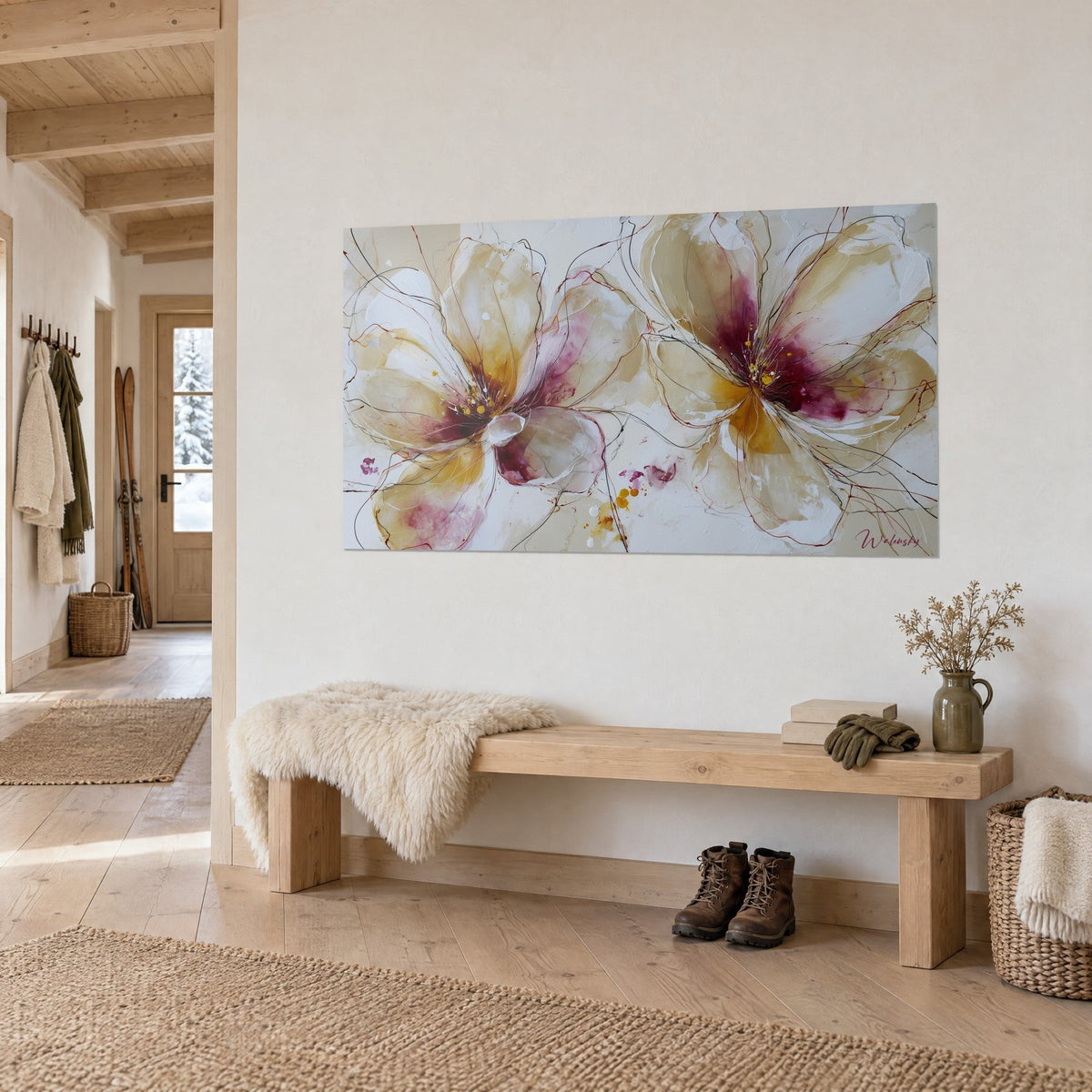 Wall art translucent ivory corollas stained with magenta and ochre, fine brown lines, above a wooden bench in a chalet
