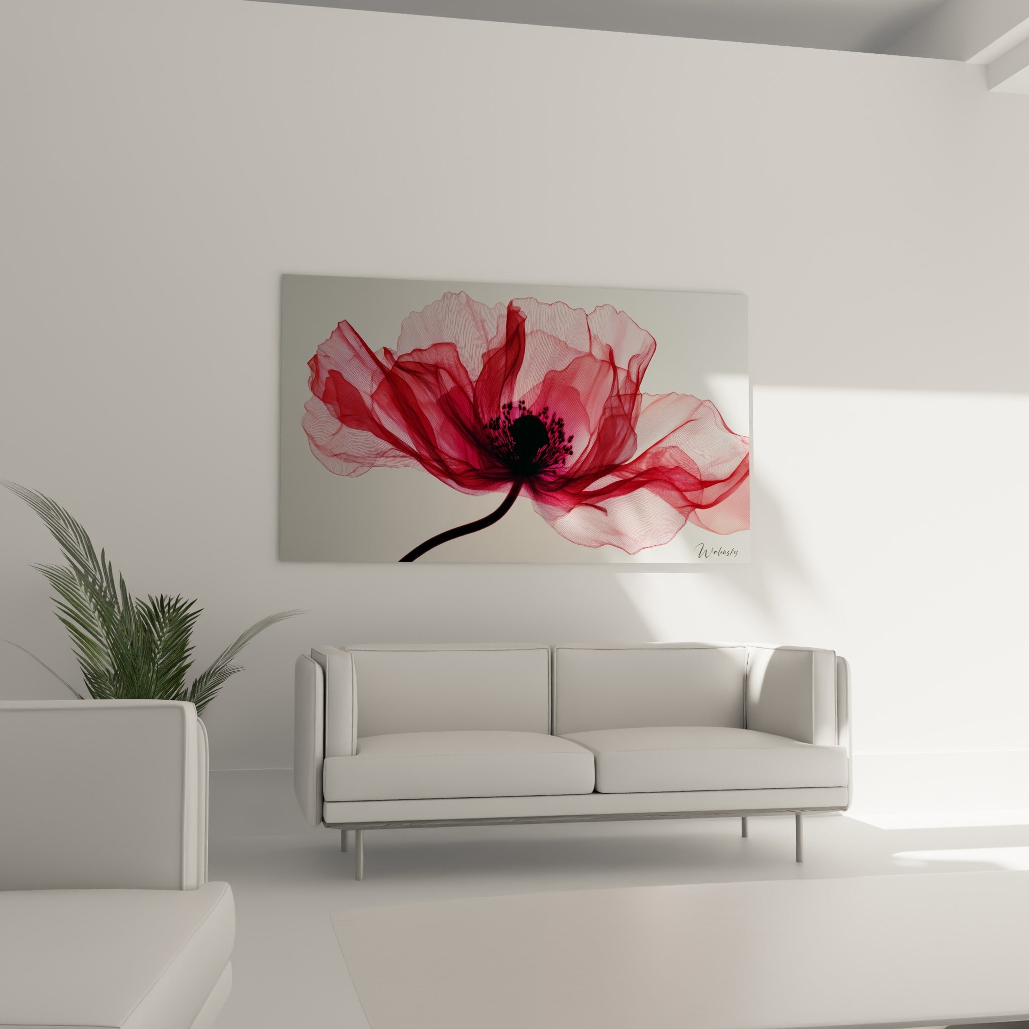 Fleur graphique rouge et noire aux contours vaporeux au-dessus d'un canapé dans un salon lumineux